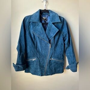 Dennis Basso Size XS Teal Blue Chic 100% Suede Leather Moto Zip Jacket Coat